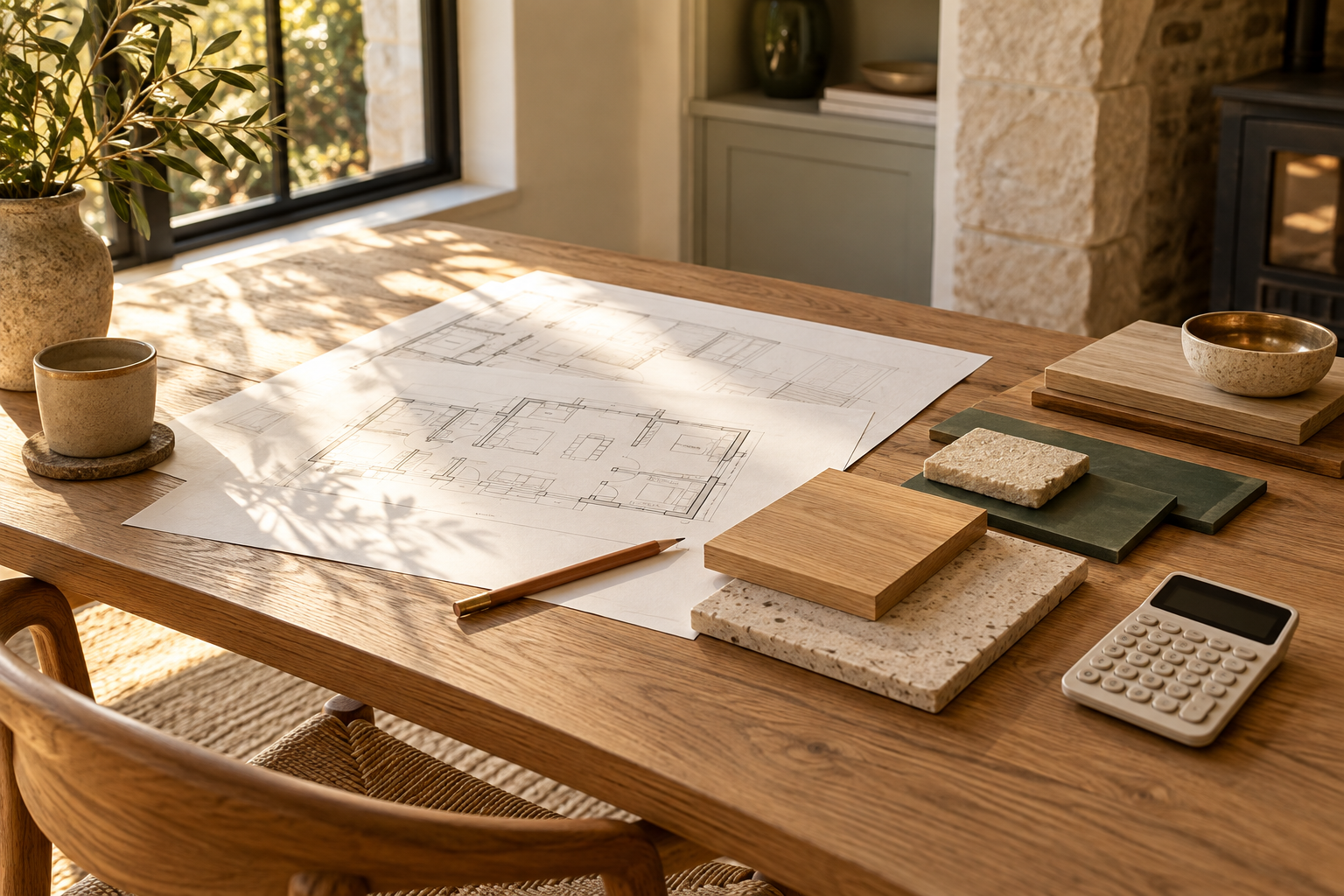 Plans, material samples and a calculator on a timber desk