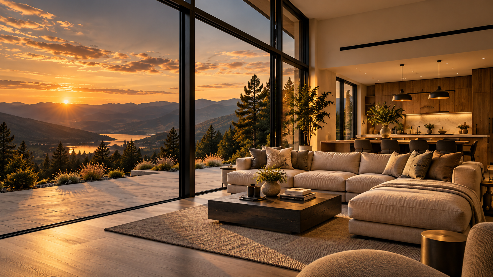 Living room with floor-to-ceiling glazing overlooking the valley at sunset