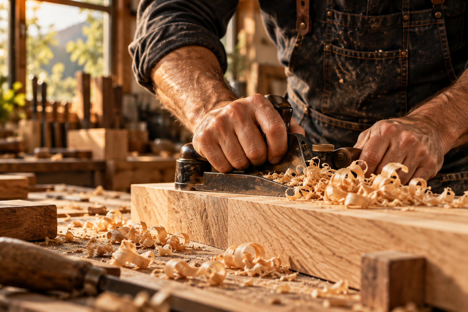 Hands guiding a hand plane along a timber board, with wood shavings on the bench