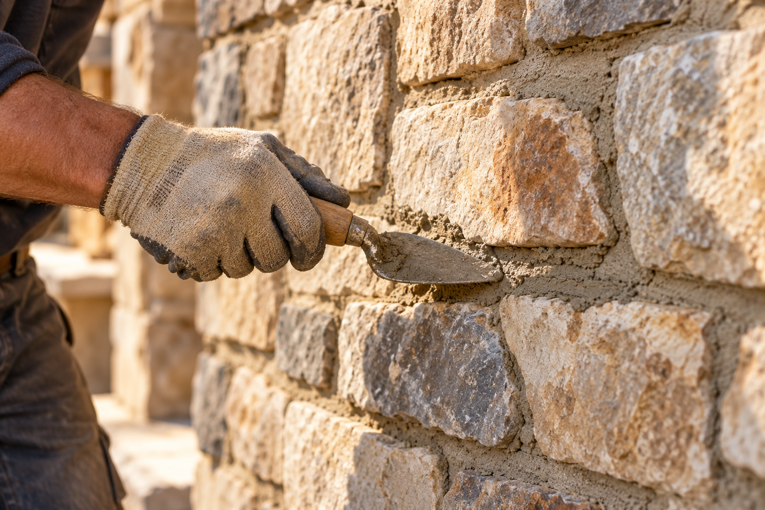 Gloved hand pointing mortar between stones with a trowel