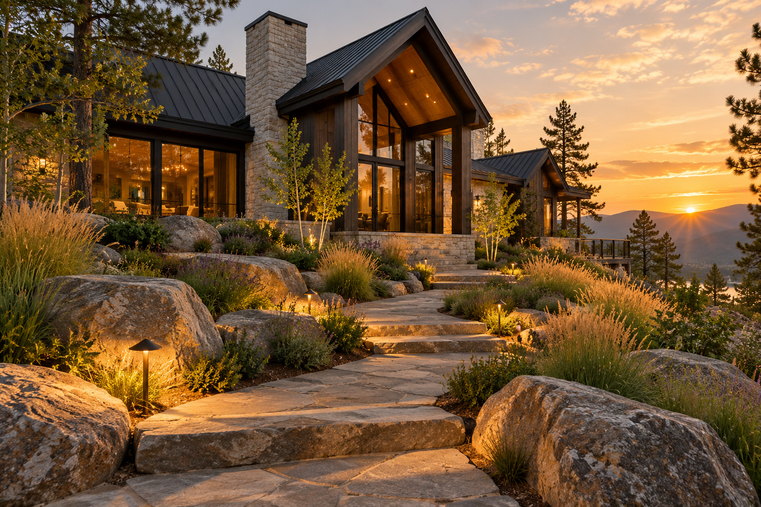 Stone steps winding through planting and boulders towards a house at sunset
