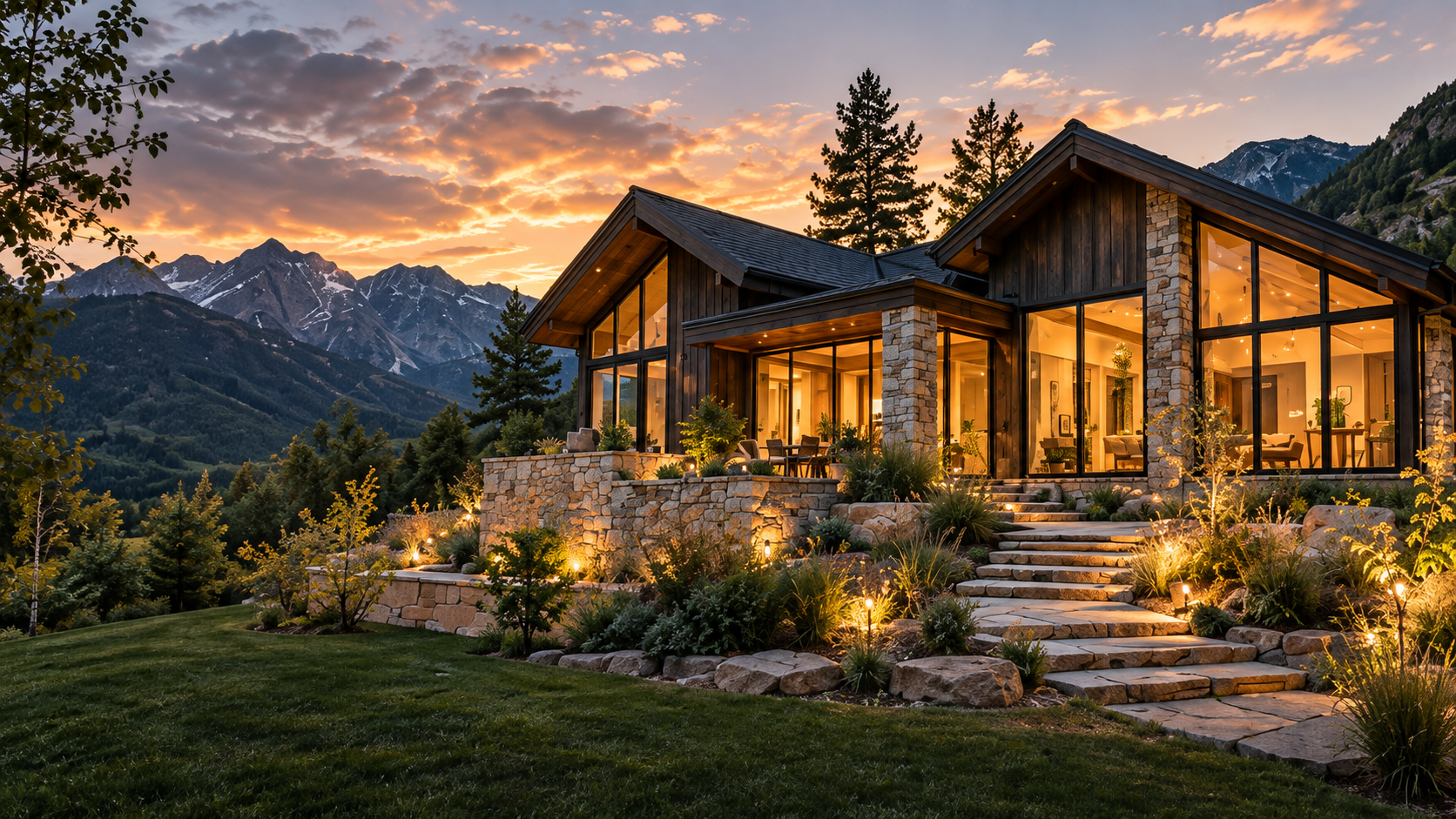 Timber and stone mountain home with glazed gables and lit stone steps at sunset