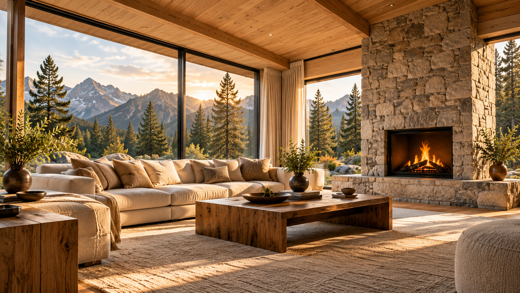 Living room with a stone fireplace, timber ceiling and tall windows facing the mountains